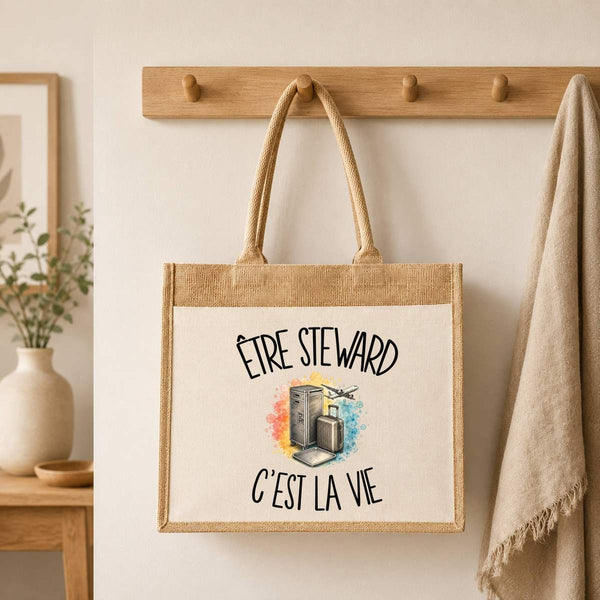 Sac Cabas Jute avec Poche Être steward c'est la vie