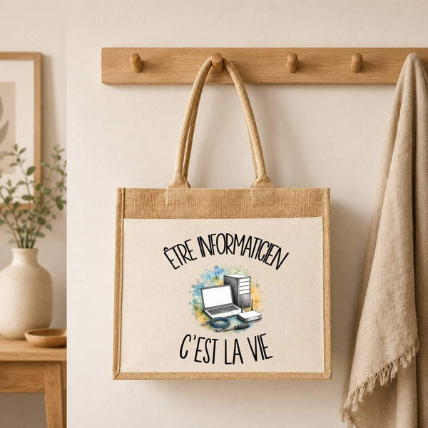 Sac Cabas Jute avec Poche Être informaticien c'est la vie