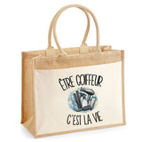Sac Cabas Jute avec Poche Être coiffeur c'est la vie