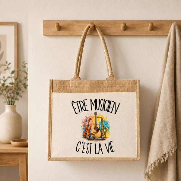 Sac Cabas Jute avec Poche Être musicien c'est la vie