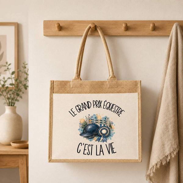 Sac Cabas Jute avec Poche Le grand prix équestre c'est la vie