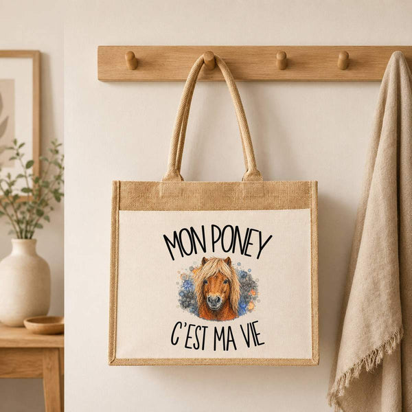 Sac Cabas Jute avec Poche Mon poney c'est ma vie