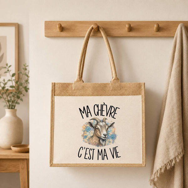 Sac Cabas Jute avec Poche Ma chèvre c'est ma vie