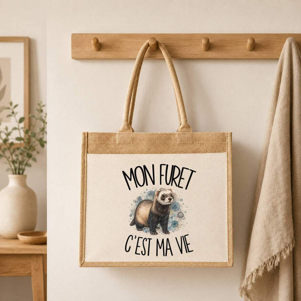 Sac Cabas Jute avec Poche Mon furet c'est ma vie
