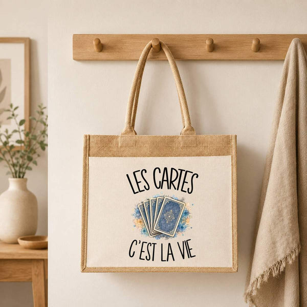 Sac Cabas Jute avec Poche Les cartes c'est la vie