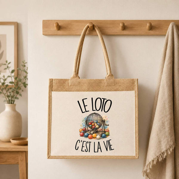 Sac Cabas Jute avec Poche Le loto c'est la vie