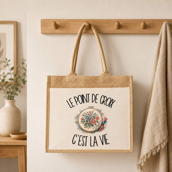 Sac Cabas Jute avec Poche Le point de croix c'est la vie