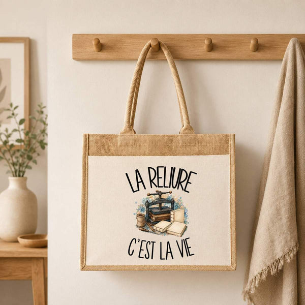 Sac Cabas Jute avec Poche La reliure c'est la vie