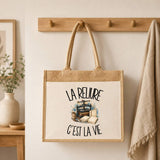 Sac Cabas Jute avec Poche La reliure c'est la vie