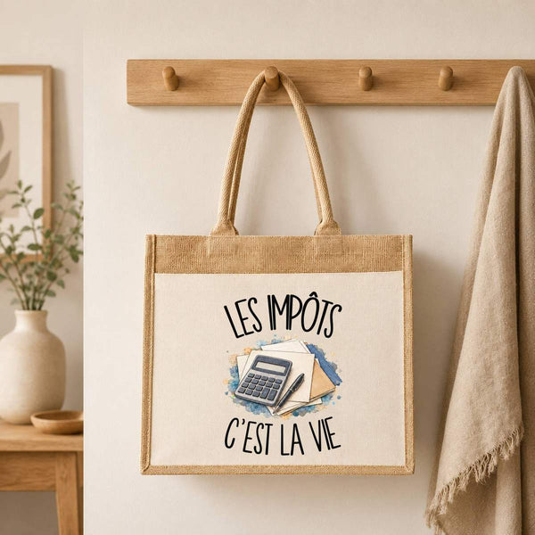 Sac Cabas Jute avec Poche Les impôts c'est la vie