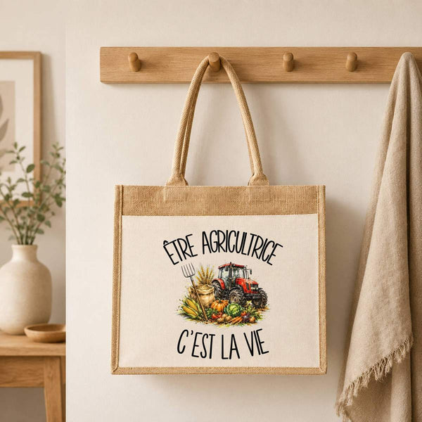 Sac Cabas Jute avec Poche Être agricultrice c'est la vie