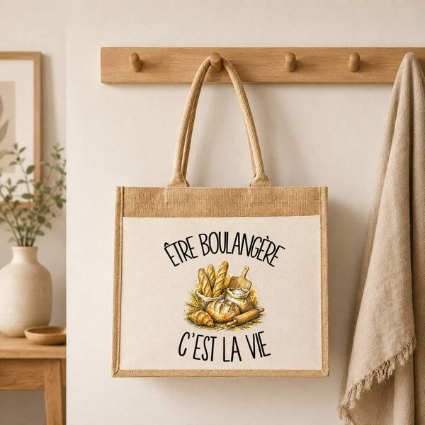 Sac Cabas Jute avec Poche Être boulangère c'est la vie