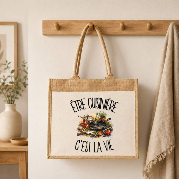 Sac Cabas Jute avec Poche Être cuisinière c'est la vie