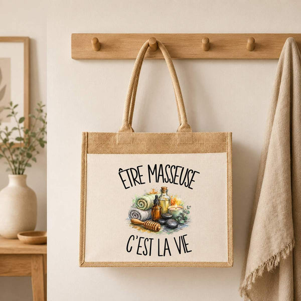 Sac Cabas Jute avec Poche Être masseuse c'est la vie