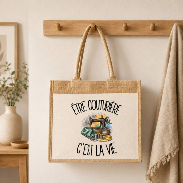 Sac Cabas Jute avec Poche Être couturière c'est la vie