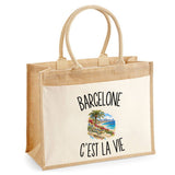 Sac Cabas Jute avec Poche Barcelone c’est la vie