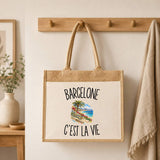 Sac Cabas Jute avec Poche Barcelone c’est la vie