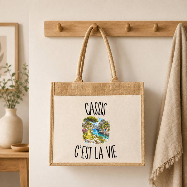 Sac Cabas Jute avec Poche Cassis c’est la vie