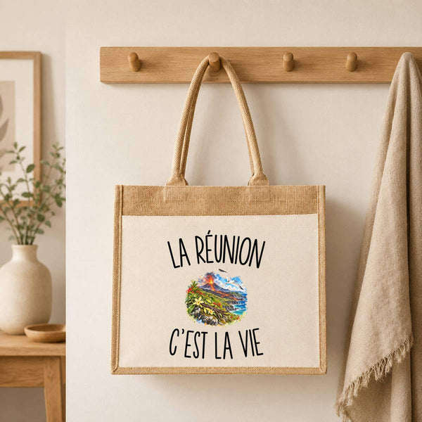 Sac Cabas Jute avec Poche La Réunion c’est la vie