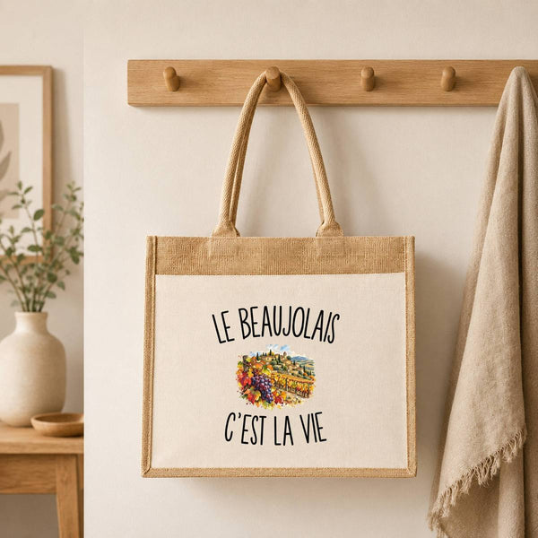Sac Cabas Jute avec Poche Le Beaujolais c’est la vie