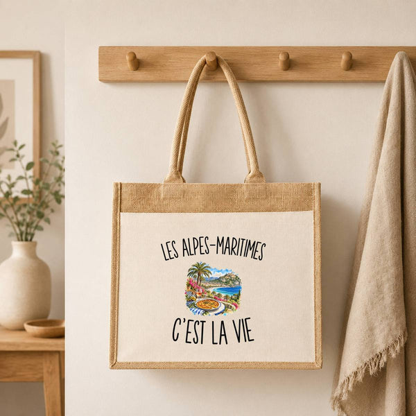 Sac Cabas Jute avec Poche Les Alpes-Maritimes c’est la vie