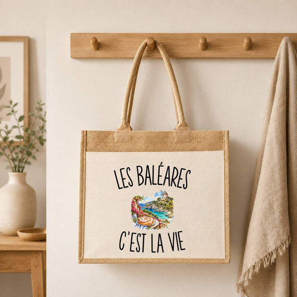 Sac Cabas Jute avec Poche Les Baléares c’est la vie