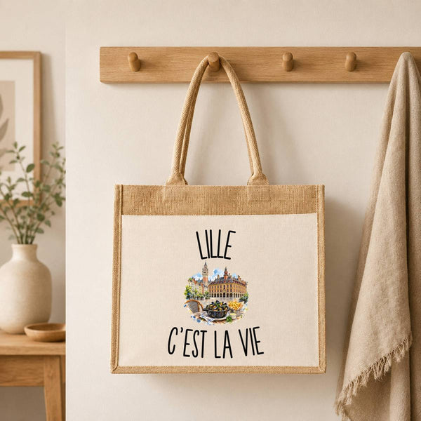 Sac Cabas Jute avec Poche Lille c’est la vie