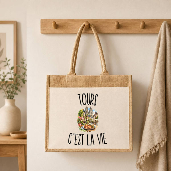 Sac Cabas Jute avec Poche Tours c’est la vie