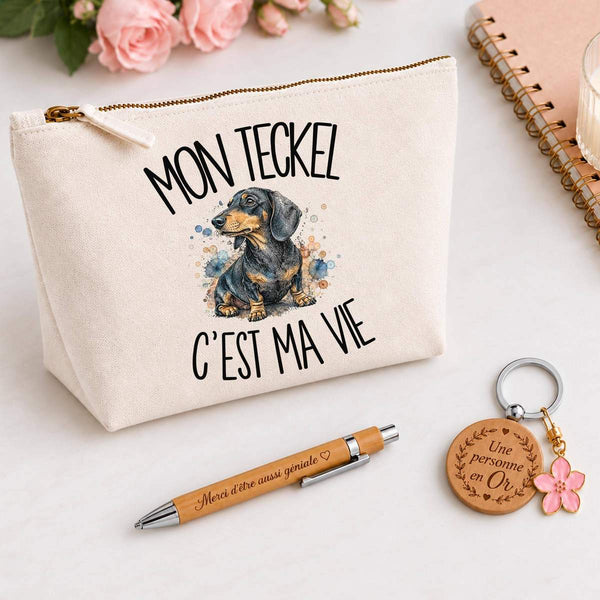 Coffret Cadeau Mon Teckel c'est ma vie – Trousse, stylo bambou et porte-clés