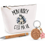Coffret Cadeau Mon Husky c'est ma vie – Trousse, stylo bambou et porte-clés