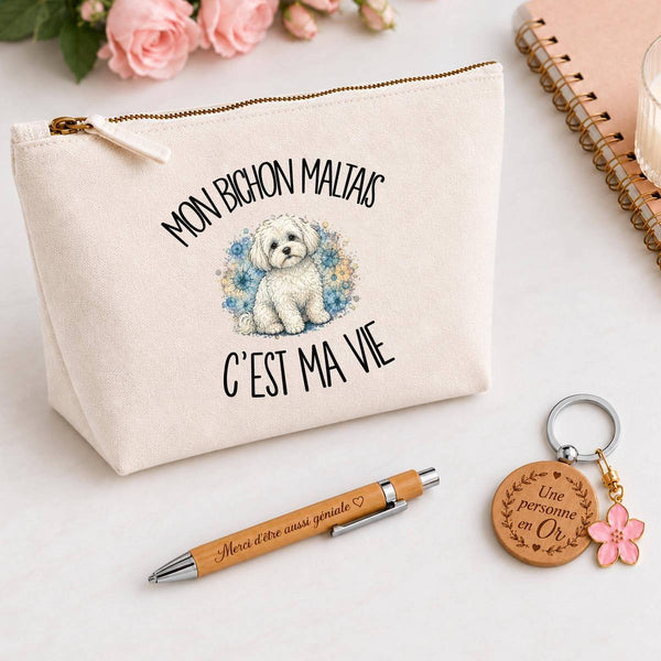 Coffret Cadeau Mon Bichon Maltais c'est ma vie – Trousse, stylo bambou et porte-clés