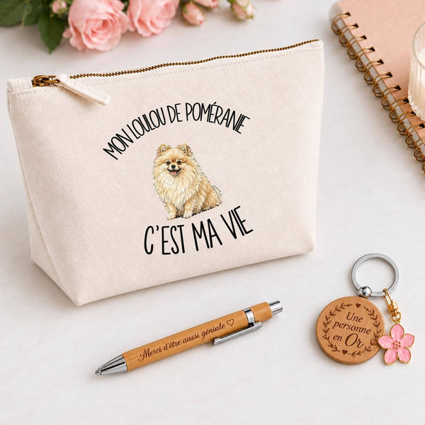 Coffret Cadeau Mon Loulou de Poméranie c'est ma vie – Trousse, stylo bambou et porte-clés