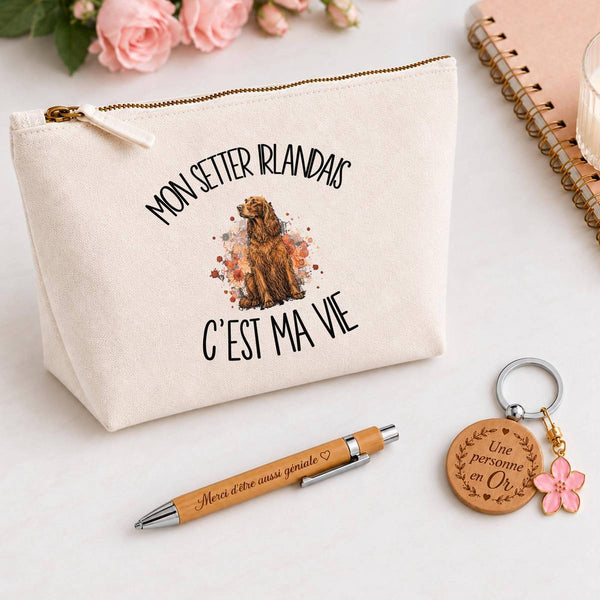 Coffret Cadeau Mon Setter Irlandais c'est ma vie – Trousse, stylo bambou et porte-clés