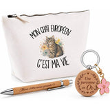 Coffret Cadeau Mon Chat Européen c'est ma vie – Trousse, stylo bambou et porte-clés