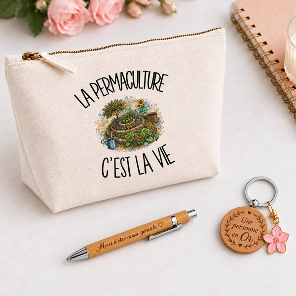 Coffret Cadeau La permaculture c'est la vie – Trousse, stylo bambou et porte-clés