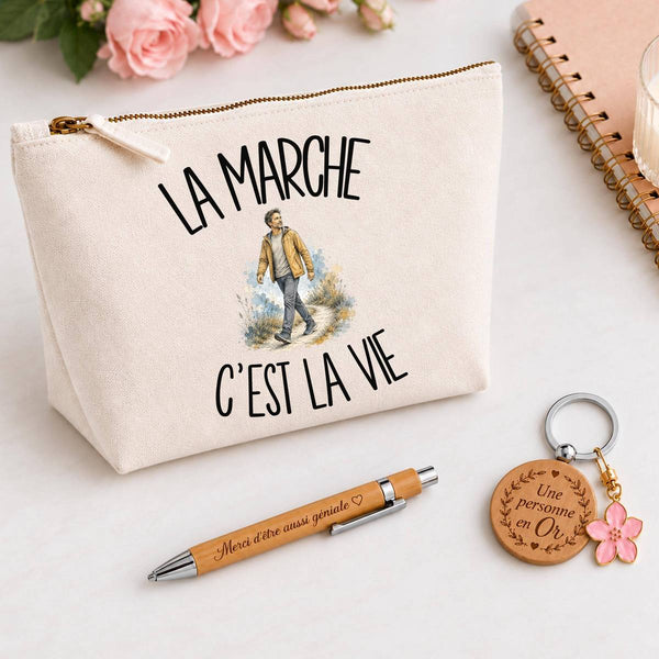 Coffret Cadeau La marche c'est la vie – Trousse, stylo bambou et porte-clés
