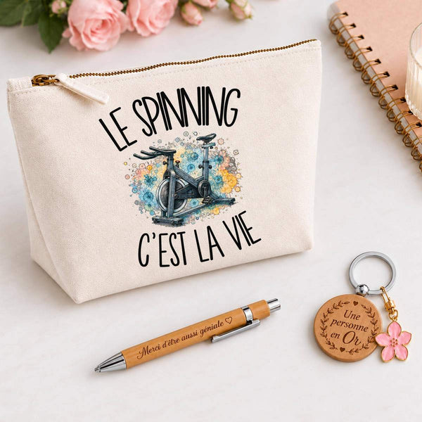 Coffret Cadeau Le spinning c'est la vie – Trousse, stylo bambou et porte-clés