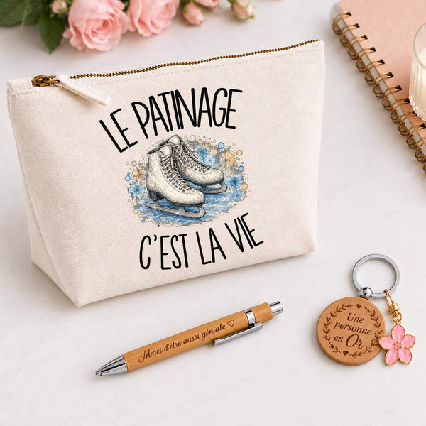 Coffret Cadeau Le patinage c'est la vie – Trousse, stylo bambou et porte-clés