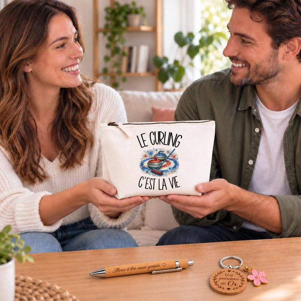 Coffret Cadeau Le curling c'est la vie – Trousse, stylo bambou et porte-clés