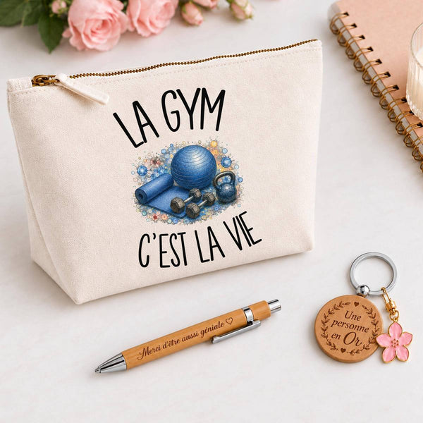Coffret Cadeau La gym c'est la vie – Trousse, stylo bambou et porte-clés