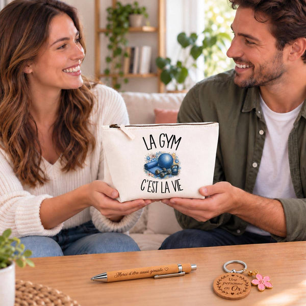 Coffret Cadeau La gym c'est la vie – Trousse, stylo bambou et porte-clés