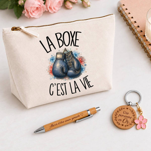 Coffret Cadeau La boxe c'est la vie – Trousse, stylo bambou et porte-clés