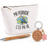 Coffret Cadeau Ma perruche c'est ma vie – Trousse, stylo bambou et porte-clés