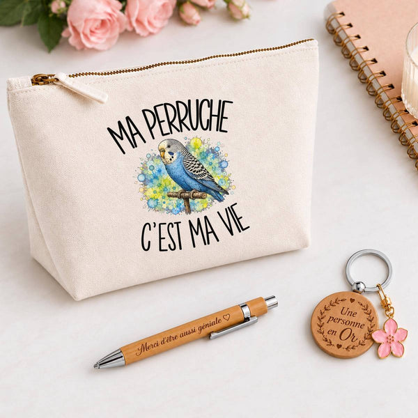 Coffret Cadeau Ma perruche c'est ma vie – Trousse, stylo bambou et porte-clés