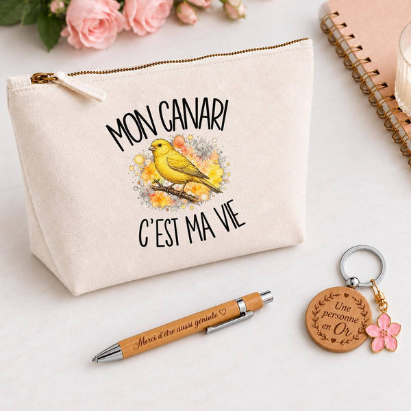Coffret Cadeau Mon canari c'est ma vie – Trousse, stylo bambou et porte-clés