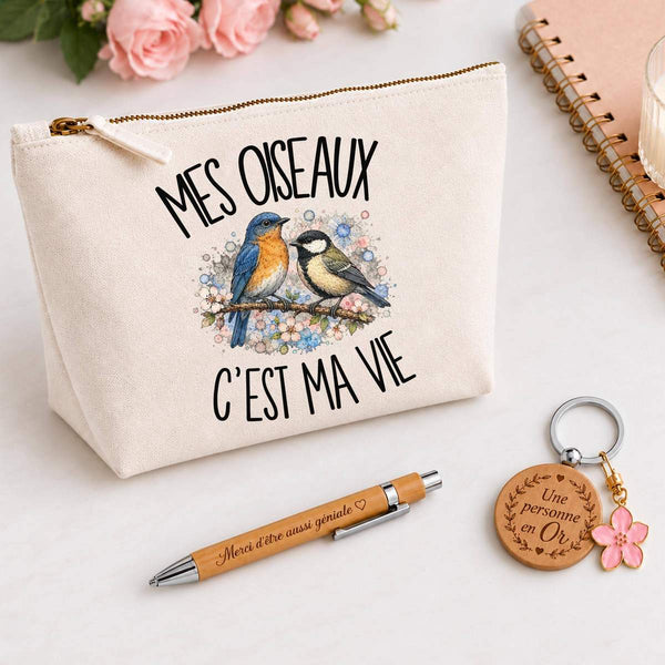 Coffret Cadeau Mes oiseaux c'est ma vie – Trousse, stylo bambou et porte-clés