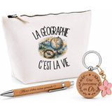 Coffret Cadeau La géographie c'est la vie – Trousse, stylo bambou et porte-clés
