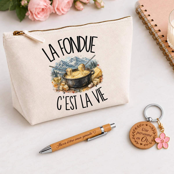 Coffret Cadeau La fondue c'est la vie – Trousse, stylo bambou et porte-clés