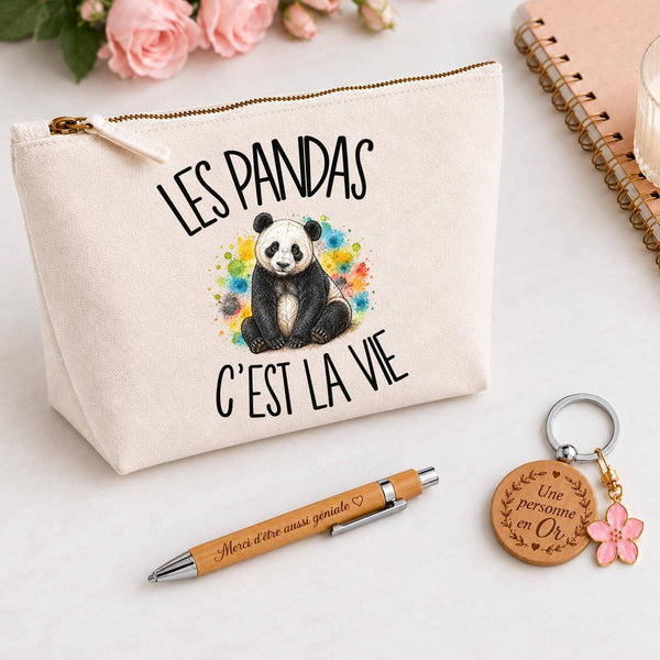 Coffret Cadeau Les pandas c'est la vie – Trousse, stylo bambou et porte-clés