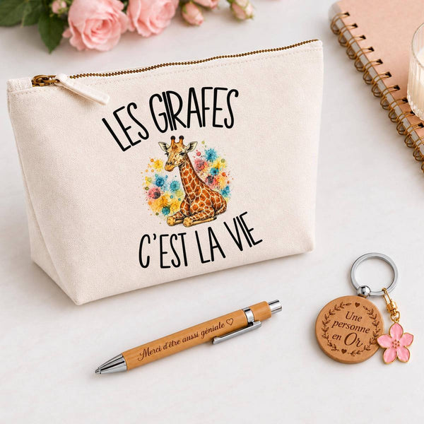 Coffret Cadeau Les girafes c'est la vie – Trousse, stylo bambou et porte-clés
